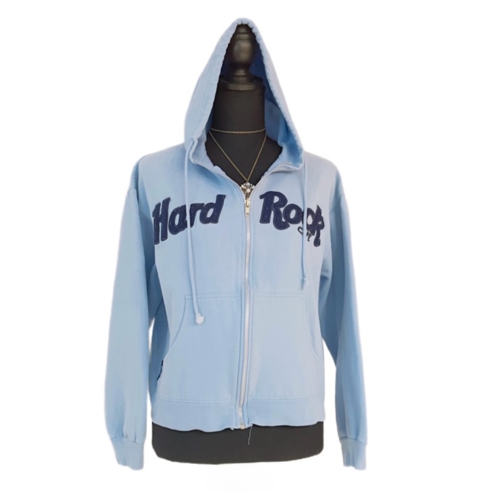 #48 HARD ROCK CAFE ~ Light Blue Zip-Up Hoodie w/Monogrammed Logo size S